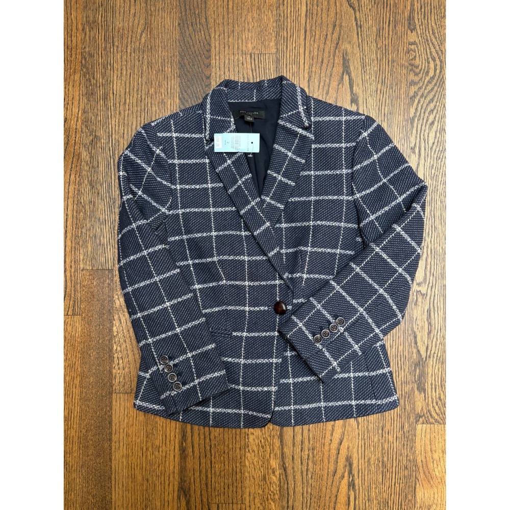 Ann Taylor Blazer 2P Navy Windowpane Plaid Cotton Blend Preppy Office Siren
